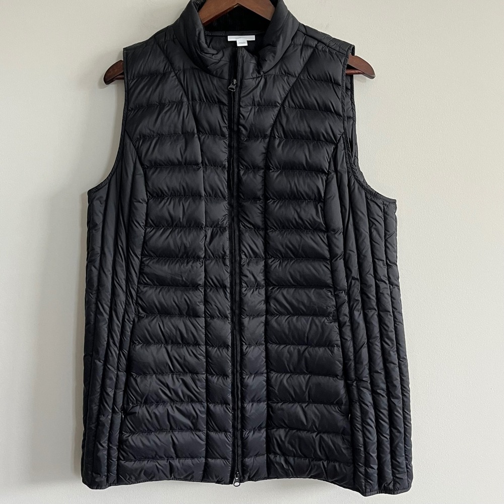 J. Jill Women Black Down Puffer Vest Full Zip Corduroy Collar Large Lightweight